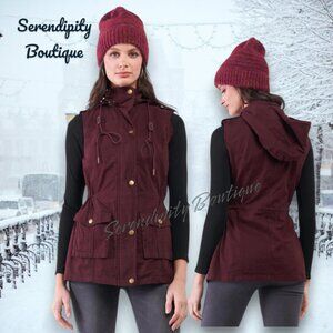 Weekend Hiking Cabincore Roll Neck Hoodie Button Zip Up Utility Cargo Vest